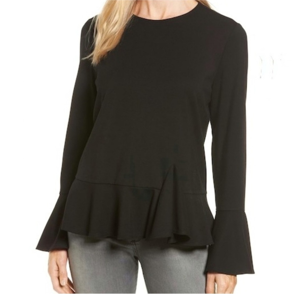 Gibson Bell Sleeve Ruffle Hem Top Black XS